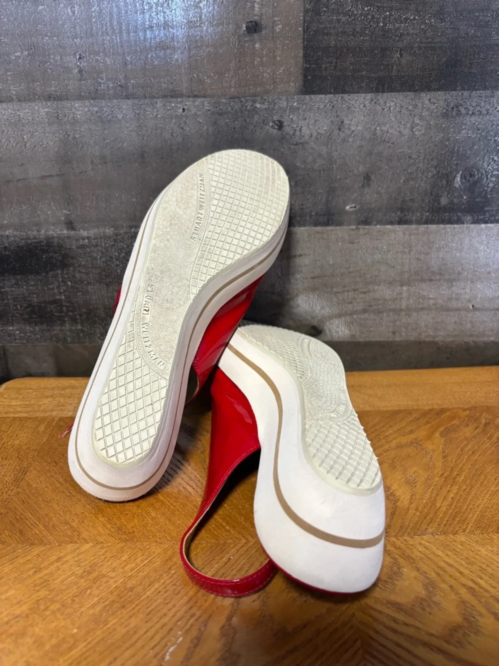 Stuart Weitzman Red Patent Peep-Toe Slingback Wedges - Picture 4 of 6